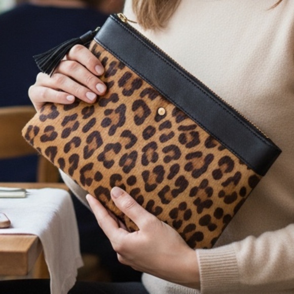 J.Crew Leopard Print Medium Clutch – Faux Calf Hair & Black Leather Trim 8" x 5" - Picture 2 of 15